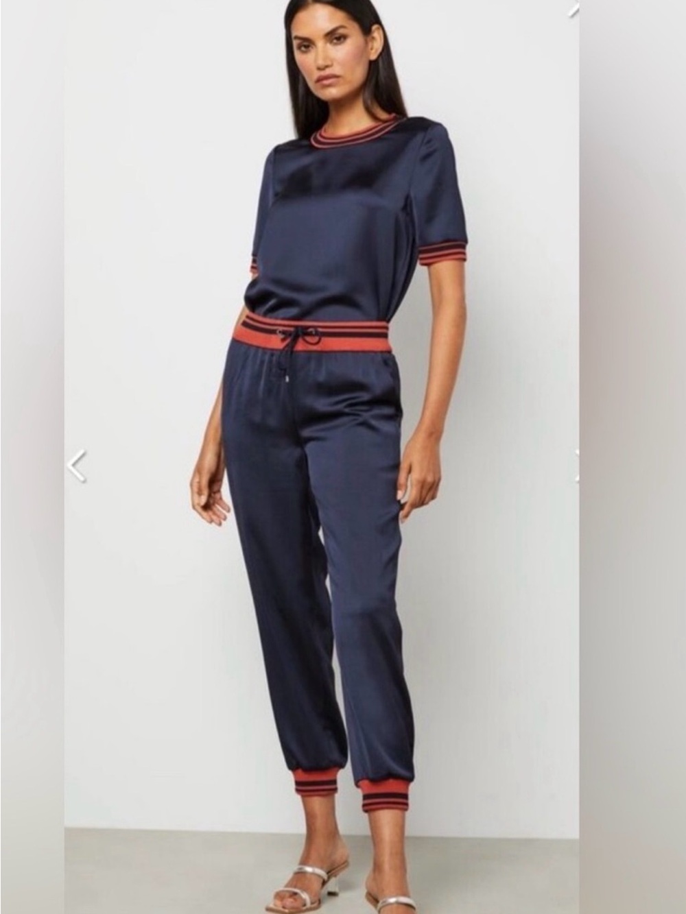 Navy Satin Jogger set with Red Stripe Trim